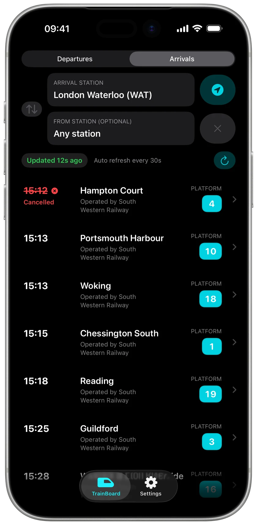 TrainBoard arrivals at London Waterloo, showing arrival times and platforms