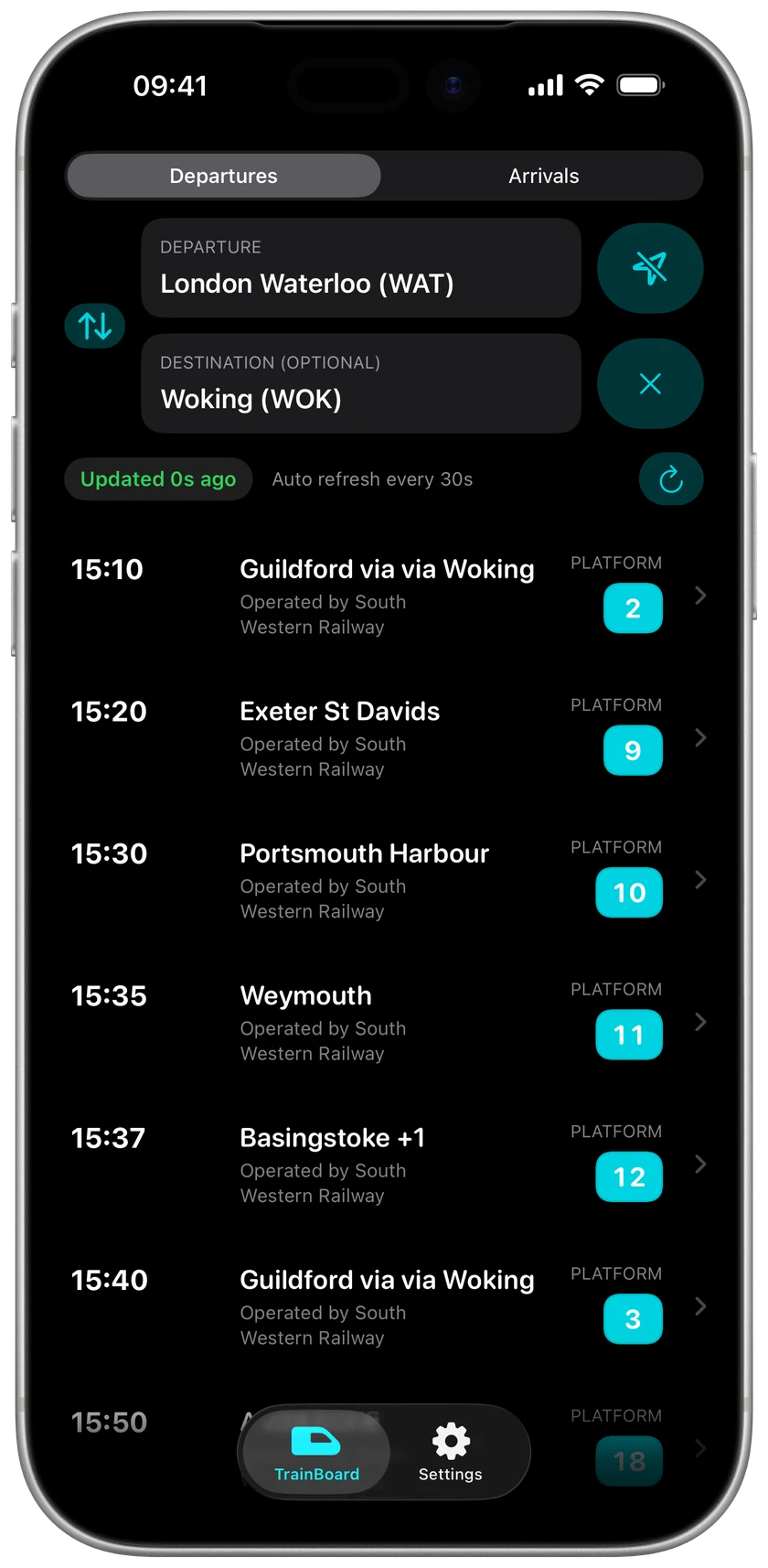 London Waterloo departure board filtered to trains stopping at Woking