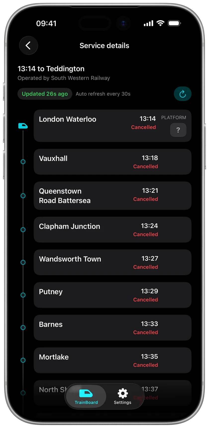 A cancelled train service, with each calling point clearly marked