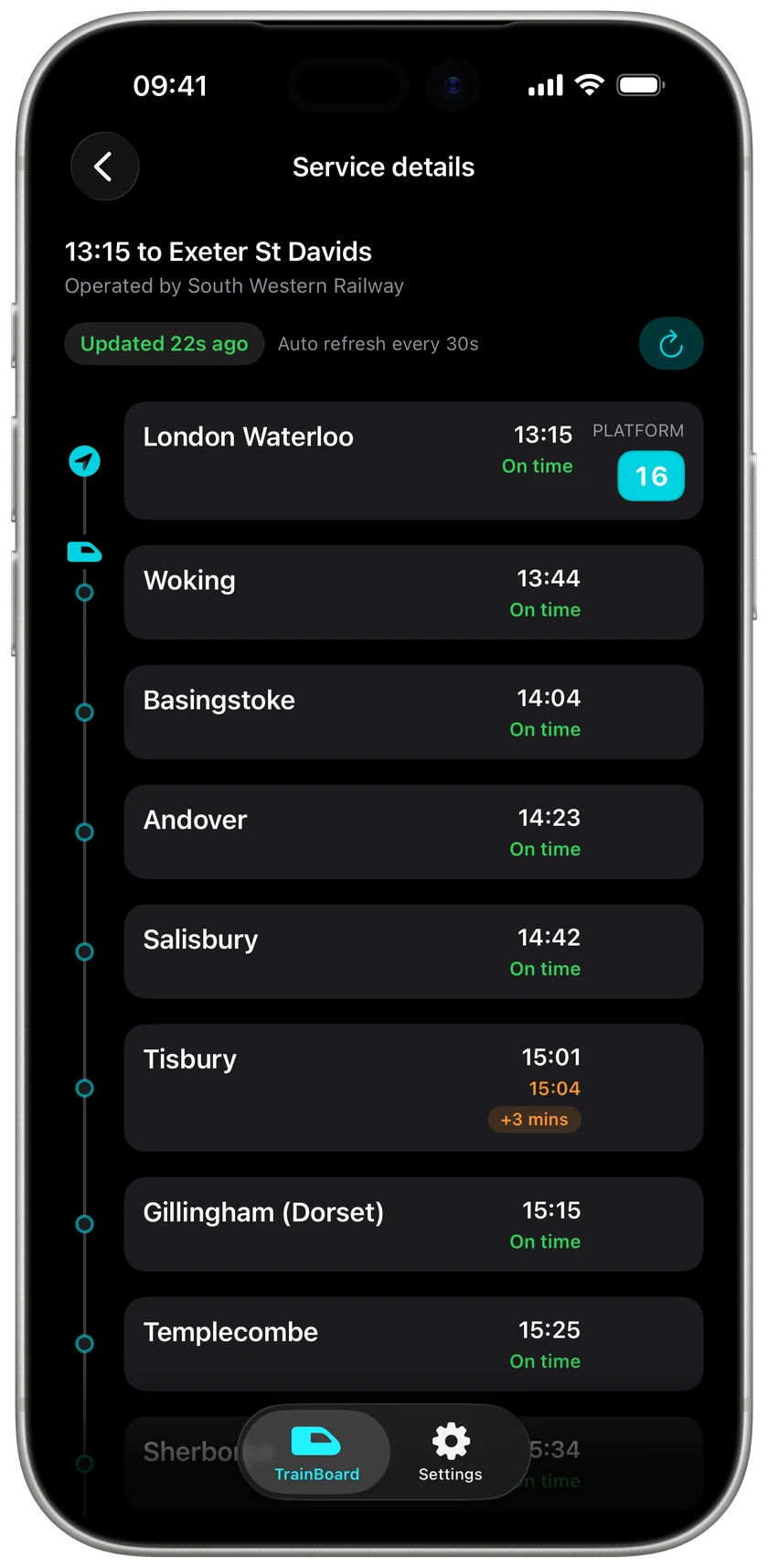 A train’s calling points and expected times, including a delay at Tisbury